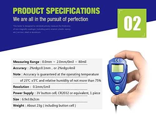 Paint Thickness Gauge Automotive Digital Car Coating Thickness Meter Calibration Data Hold Resolution 1mil