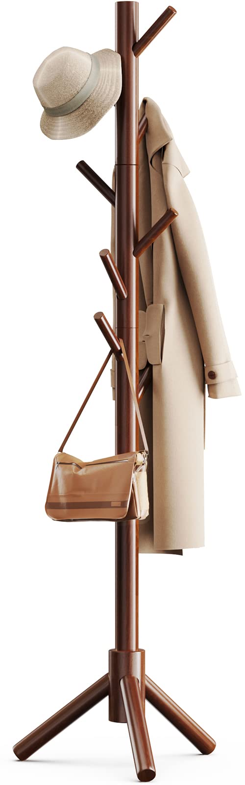 Sturdy Wooden Coat Tree with 8 Hooks, 3 Adjustable Sizes for Clothes, Hat Stand Used in Bedroom/Office/Entryway, Brown