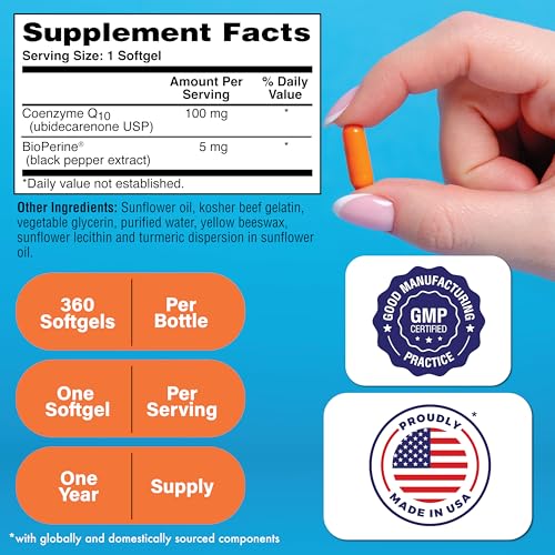 CoQ-10 100mg with BioPerine 360 Softgels | High Absorption Naturally Fermented USP Grade Coenzyme Q10 Supplement | 3rd Party Tested | Heart Health and Energy Support