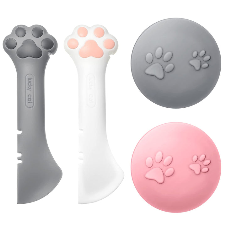 Outus 2 Pieces Multi-Functional Pet Food Can Spoon with 2 Pieces Universal Silicone Can Covers Mini Spatula Can Opener for Pet Cat Dog Feeding Can and Wet Food Storage