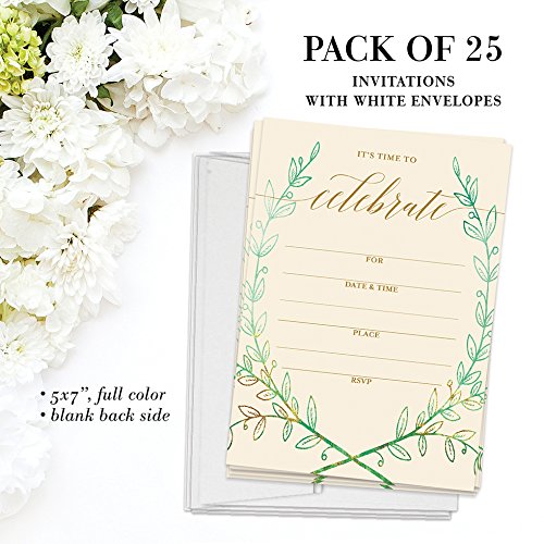 25 Rustic Laurels Invitations with Envelopes (Pack of 25) Any Occasion Large 5x7 Fill in Birthday, Anniversary, Retirement, Housewarming, Bridal Shower, Excellent Value Party Invites VI0049B