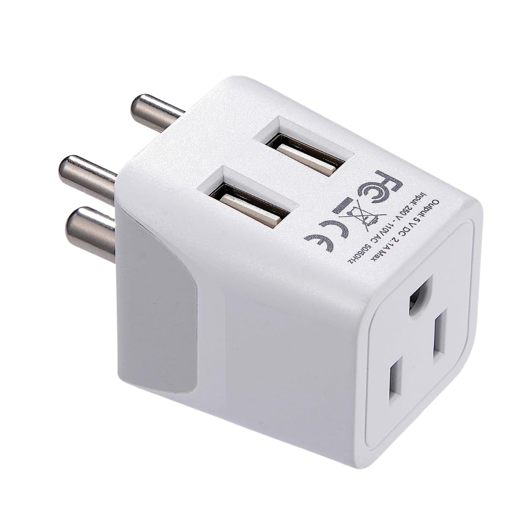 India, Nepal, Bangladesh Travel Adapter Plug with Dual USB - Type D - Usa Input - Ultra Compact - Safe Grounded Perfect for Cell Phones, Laptops, Camera (CTU-10)