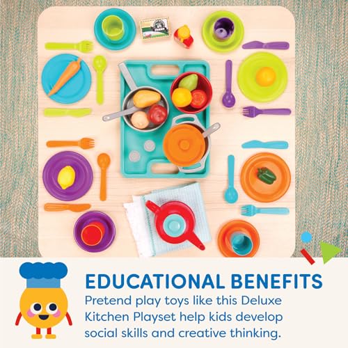 – Toy Kitchen Set – 71Pc Pretend Cooking Accessories – 4 Table Settings & Cutlery – Dishwasher Safe & Worry-Free – 2 Years + – Deluxe Kitchen Playset