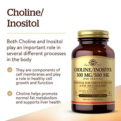 Solgar Choline/Inositol 500 mg/500 mg, 100 Vegetable Capsules - Energy Metabolism, Liver Health, Essential for Brain &amp; Nerve Function - Non-GMO, Vegan, Gluten Free, Dairy Free, Kosher - 50 Servings