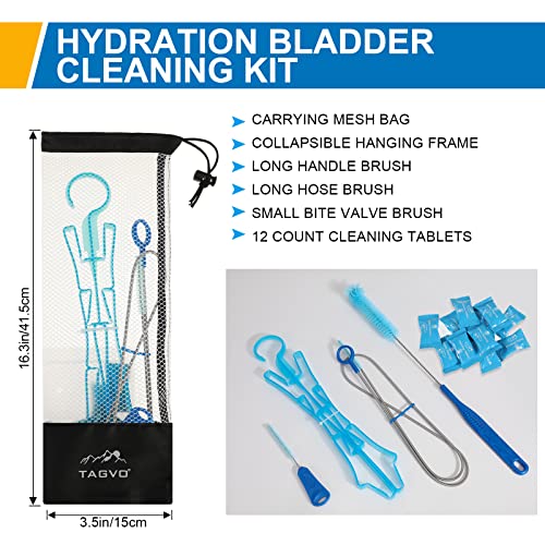 Hydration Bladder Cleaning Kit, 6 in 1 Water Bladder Cleaner Set - 3 Brushes, Collapsible Hanger, 12 Cleaning Tablets & Carry Pouch, Water Reservoir Cleaning Tools for Hydration Backpack