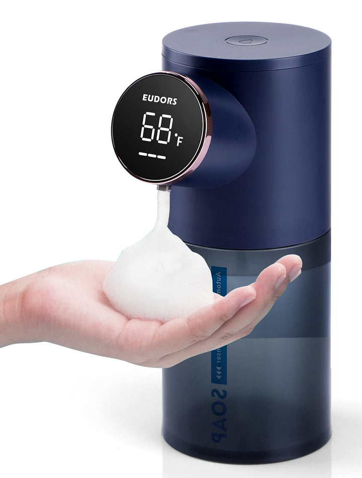 Automatic Touchless Soap Dispenser for Kitchen Sink, Electric Dish Foam Soap Dispenser with Temperature Display, Rechargeable Waterproof Soap Dispenser for Bathroom, Office, Hotel, Restaurant, Blue