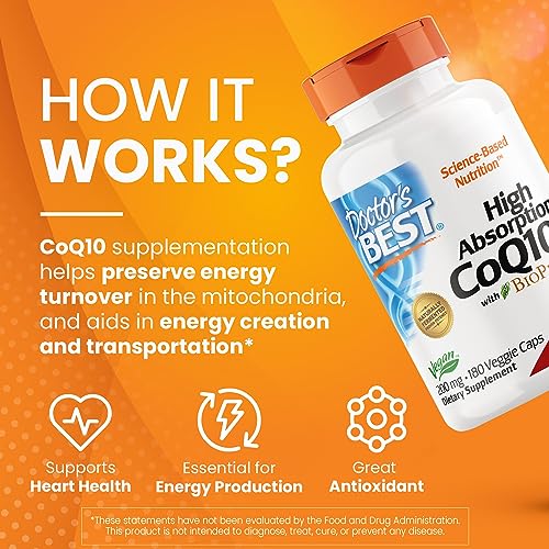 Doctor's Best High Absorption CoQ10 with BioPerine, Non-GMO, Gluten & Soy Free, Naturally Fermented, Vegan, Heart Health and Energy Production, 200 mg, 180 Count