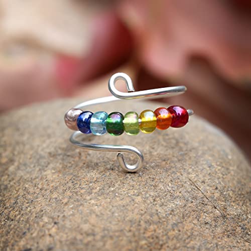 Usoway To My Daughter Fidget Ring for Anxiety, Fidget Rings for Anxiety for Women, Adjustable Stacking Anxiety Relief Rainbow Fidget Ring Jewelry Gifts (Rainbow)1