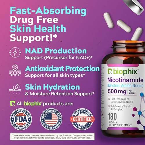 B-3 Nicotinamide 500 mg 180 Caps - Nicotinic Amide Niacin Natural Flush-Free Vitamin Formula - Supports Skin Cell Health