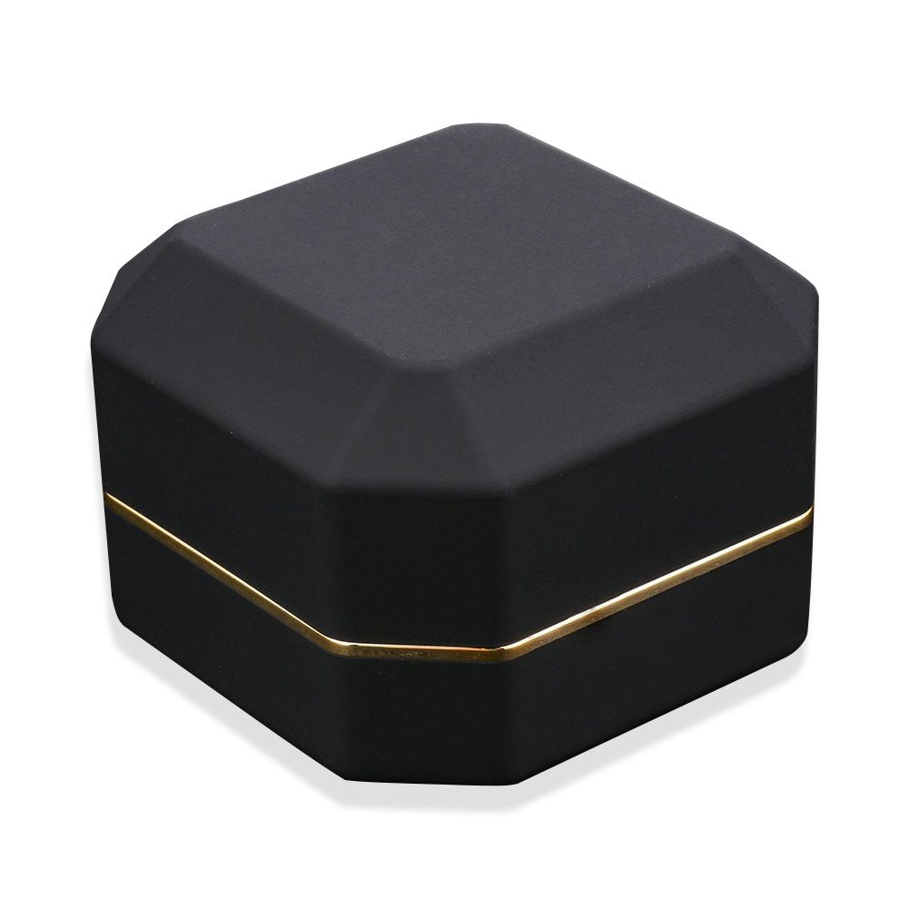 Luxury Ring Box, Square Velvet Wedding Ring Case Jewelry Gift Box with LED Light for Proposal Engagement Wedding, Black