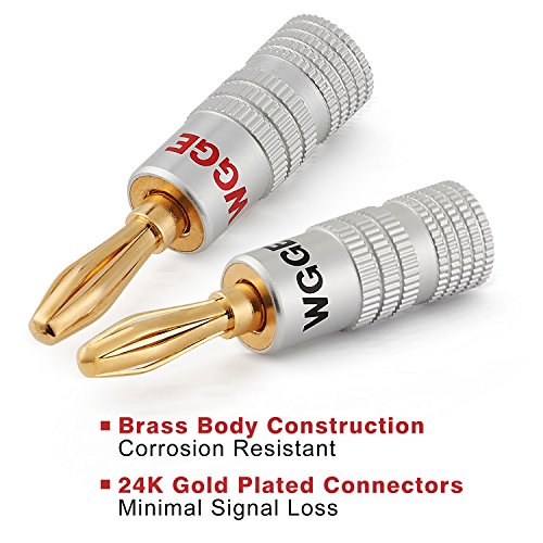 WG-009 Banana Plugs Audio Jack Connector 5 Pairs / 10 pcs, 24k Gold Dual Screw Lock Speaker Connector for Speaker Wire, Wall Plate, Home Theater, Audio/Video Receiver and Sound Systems