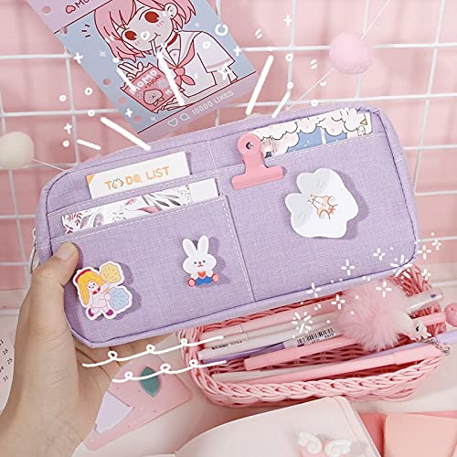 Kawaii Large Pencil Case Stationery Storage Bags Canvas Pencil Bag Cute Makeup Bag School Supplies for Girl Kids Gift w/Badge(A-Green)…