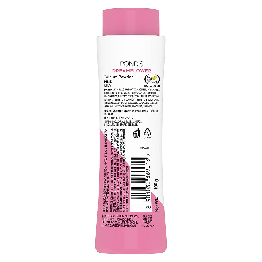 POND'S Dreamflower Fragrant Talc Powder with Vitamin B3, Pack of 1, 100gm
