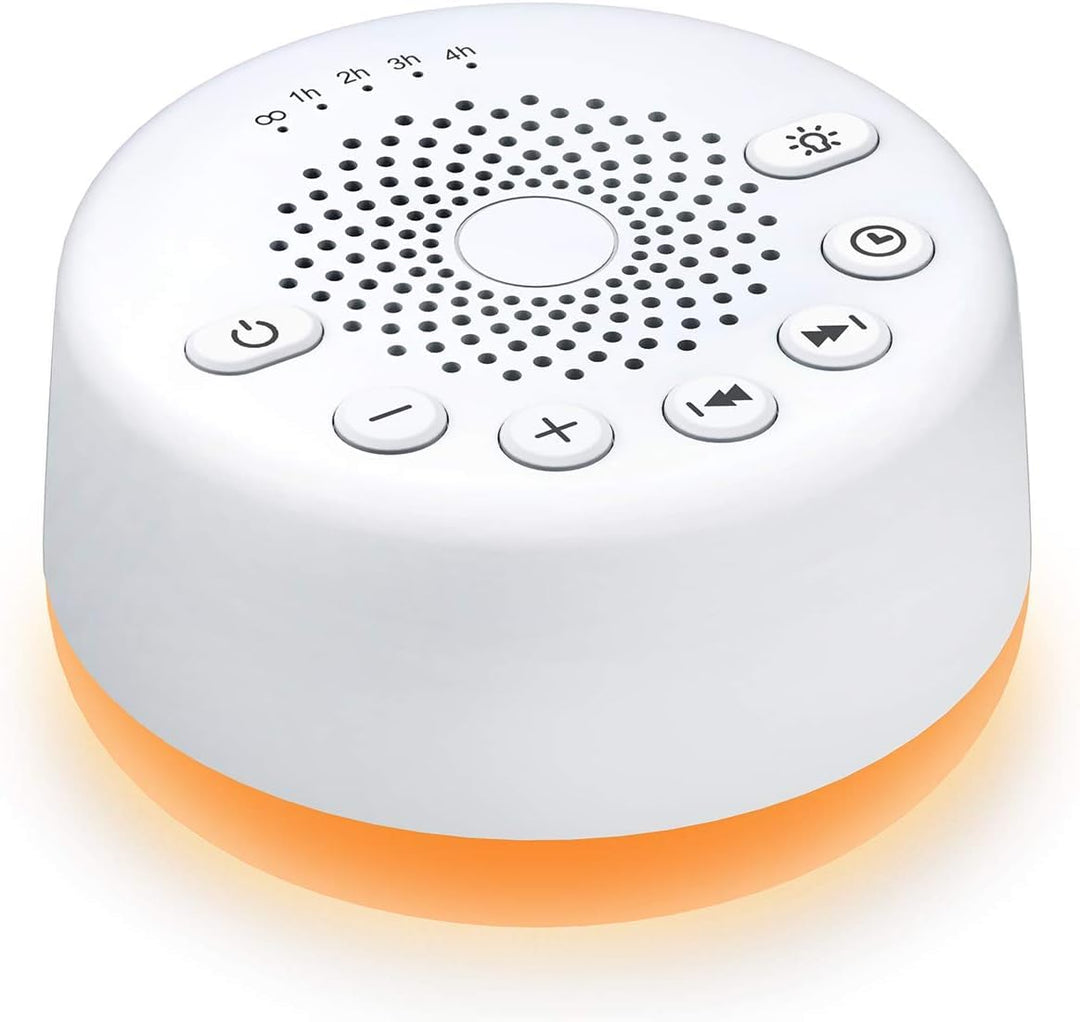 Sound Machine White Noise Machine with 25 Soothing Sounds and Night Lights with Memory Function 32 Levels of Volume and 5 Sleep Timer Powered by AC or USB for Sleeping Relaxation (White)