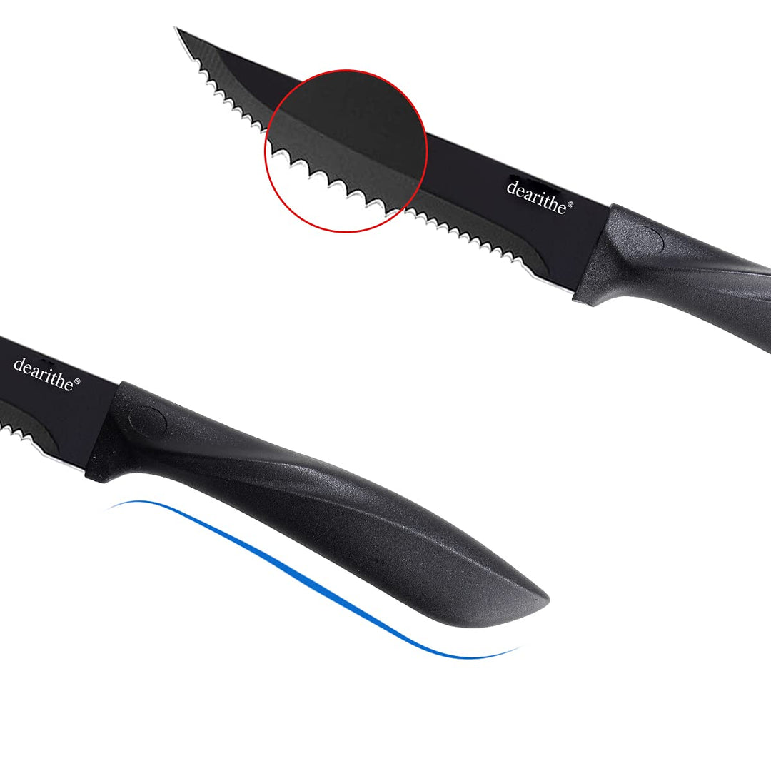 Steak knives set of 6, Black Serrated Stainless Steel Sharp Blade Flatware Steak Knife Set, 4.5 Inches,Non stick coating for Anti-rusting, for Restaurant Tableware Kitchen Camping