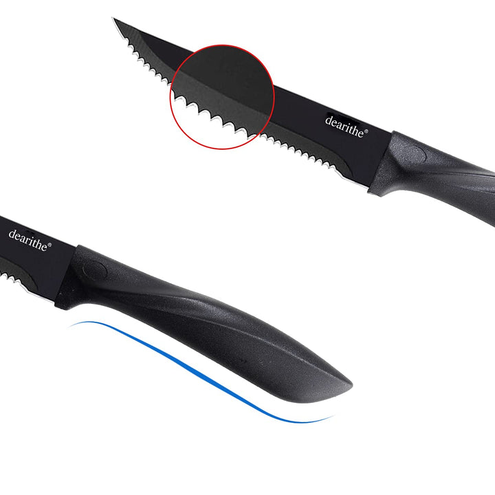 Steak knives set of 6, Black Serrated Stainless Steel Sharp Blade Flatware Steak Knife Set, 4.5 Inches,Non stick coating for Anti-rusting, for Restaurant Tableware Kitchen Camping