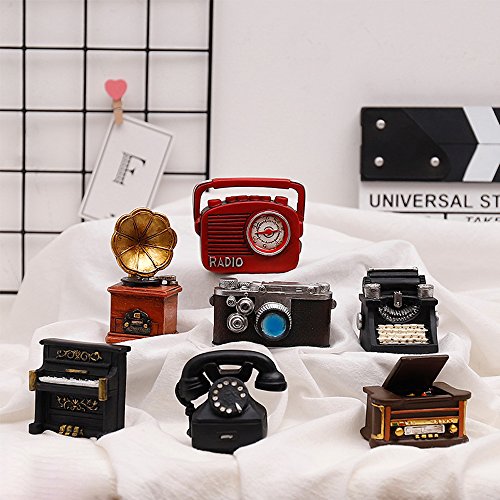 Set of 7 Creative Retro European Resin Figurine for Home Cafe Bar Window Decoration Children Toys and Gift (Incluing Telephones Typewriter Camera Piano Phonograph Radio and Sound player)