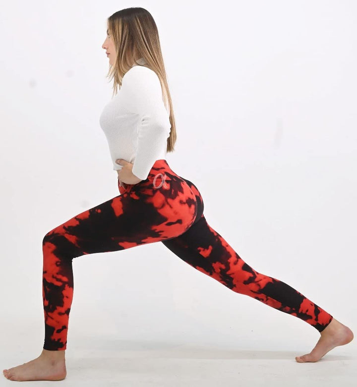 Black red Tie Dye Regular Plus Size Leggings Full Length Brushed Printed Leggings for Women