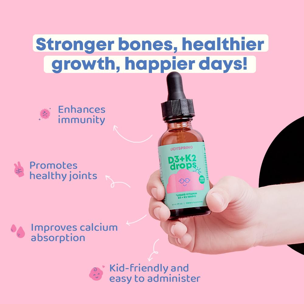 Vitamin D3 Kids Drops with K2 – Liquid Supplement for Calcium Absorption &amp; Joint Health – 180 Servings (1 fl oz) – Vitamin D Kids Ages 3-18