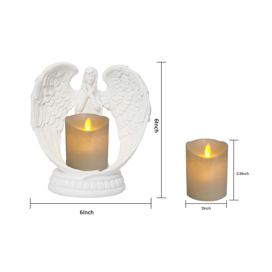 Starry White Angel Wing Praying Sandstone Statue Angel Figurine Prayer Home Decoration Memorial LED Candle Holder 6Inch (Sandstone Process)