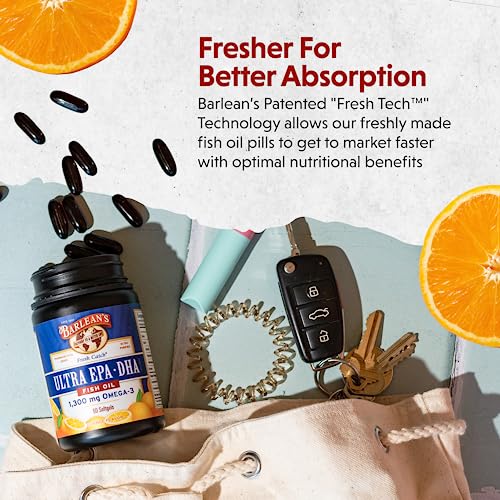 Barlean&#39;s Fish Oil Omega 3 Supplement, High Potency Ultra EPA DHA Fatty Acid Softgels, 1000mg Orange Flavored Fish Oil Pills, 60 Count