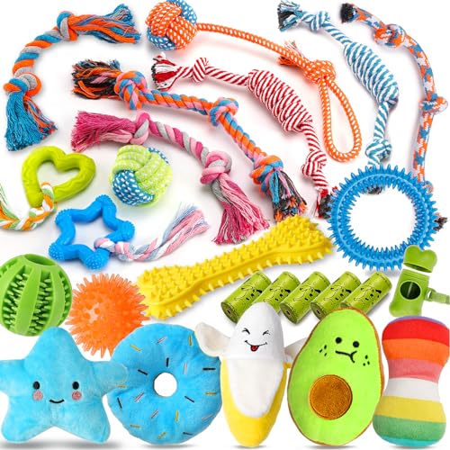 25 Pack Luxury Dog Chew Toys for Puppy, Dog Toys with Ropes, Treat Ball and Squeaky Puppy Toys for Teething Small Dogs