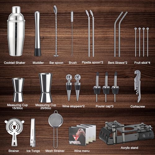 41-Piece Boston Bartender Kit,Cocktail Shaker Stainless Steel Bar Set,360 ° Rotating Display Stand,Strainer,Jigger,Mixing Spoon,Stainless Steel Gift Sets