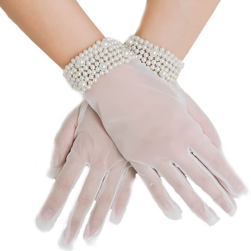 Wedding Bridal Lace Gloves White Sheer Pearl Gloves Elegant Full Fingered Gloves Prom Opera Dinner Party Cosplay for Women and Girls