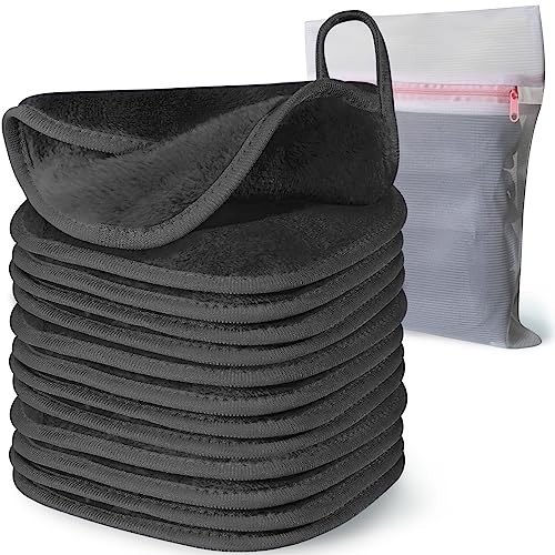 Makeup Remover Cloth, 6 x 6 Makeup Remover Towels Reusable Face Cloth for Washing Face, Makeup Remover Pads Microfiber Face Washcloth with Mesh Bag, 12 Pack, Grey