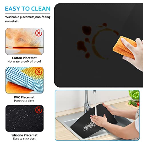 Vinyl Placemats Set of 6, Heat Resistant Dining Table Placemats Waterproof Washable Wipeable Faux Leather Place Mats and Coasters for Kitchen, Dining, Party &amp; Outdoor (Black)