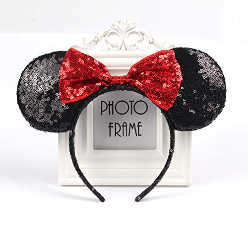 Sequin Black Mouse Ears Headband MM Glitter Hair Clasp Adults Women Butterfly Hair Hoop Birthday Party Holiday Park Photo Supply (Black and Red)