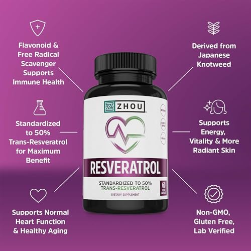 Zhou Resveratrol Supplement | Healthy Aging, Immune System &amp; Heart Health Support | Powerful Antioxidant Benefits | 30 Servings, 60 Veg Caps