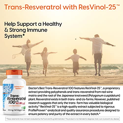 Doctors Best Trans-Resveratrol 100, Resveratrol with Red Wine Polyphenol (ResVinol), Non-GMO, Gluten Free, Soy Free, Vegan 60 Veggie Caps