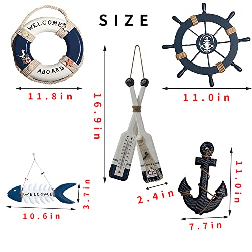 AmaQueen 10 PCS Wood Nautical Wall Hanging Ornament Decoration, Mediterranean Style Beach Wooden Lighthouse, Anchor, Boat,Life Ring, Ship, Starfish, Fishing Nets, Steering Wheel Sailing Home Decor