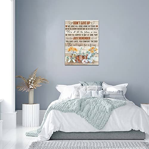 Inspirational Wall Art Nurse Cap Injector Flower Picture Painting Gifts for Nurse Medical Staff Team Motivational Quotes Don&#39;t Give Up Framed Canvas Prints Modern Office Artwork Decor 12x16