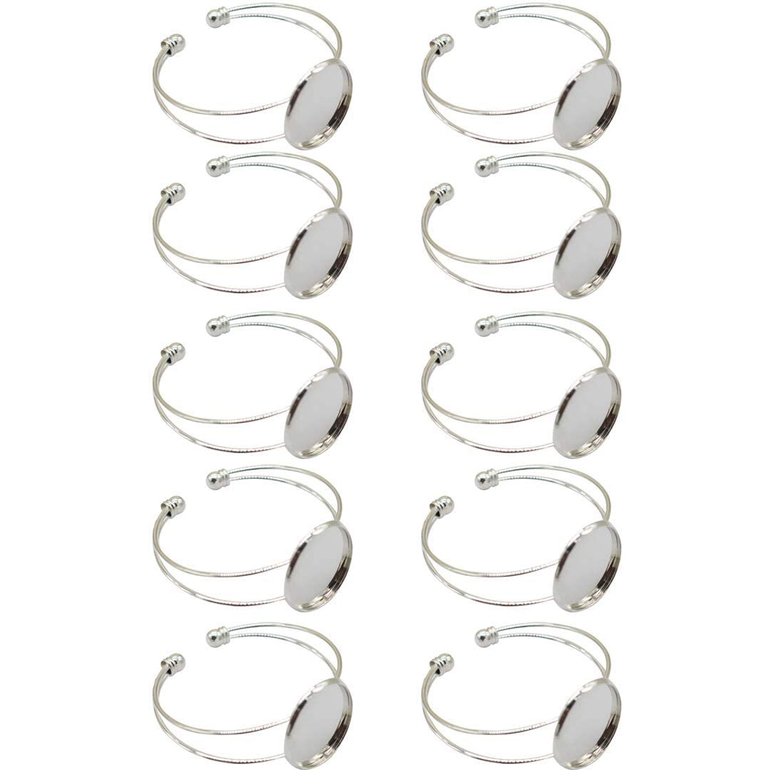 10 Pcs 25 mm Adjustable Round Cabochon Bezel Tray Blank Bangle for Crafting DIY Bracelets Making(Silver)
