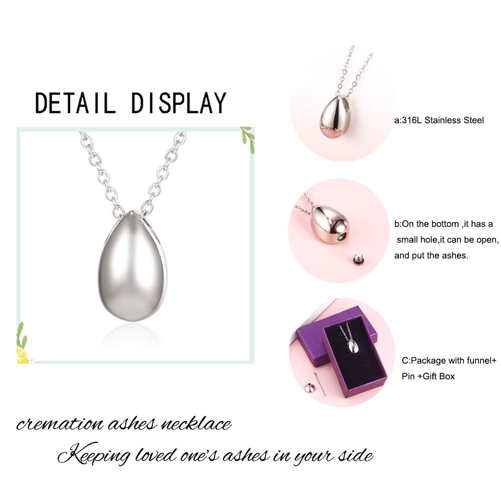 Teardrop Memorial Keepsake Ashes Urn Pendant Necklace Stainless Steel Cremation Jewelry (Silver)