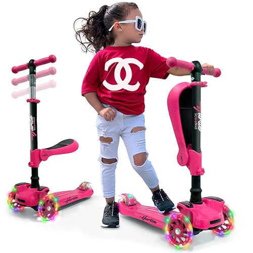 Kids Scooter - Child Toddler Kick Scooter Toy with Foldable Seat - 3 Wheel Scooter with Adjustable Height, Anti-Slip Deck, Flashing Wheel Lights, for Boys/Girls 1-12 Year Old, Pink