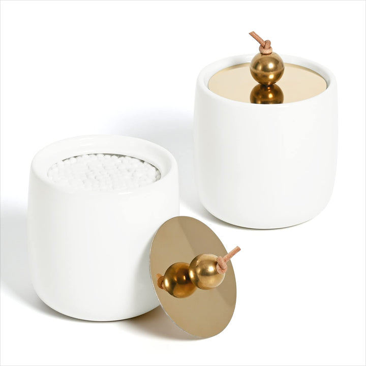 2 Pack Ceramic Qtip Holder Dispenser with Gold Lids , White Apothecary Jars Bathroom Vanity Organizer - Bathroom Canister for Cotton Swabs, Rounds, Balls, Makeup Sponges, Bath Salts