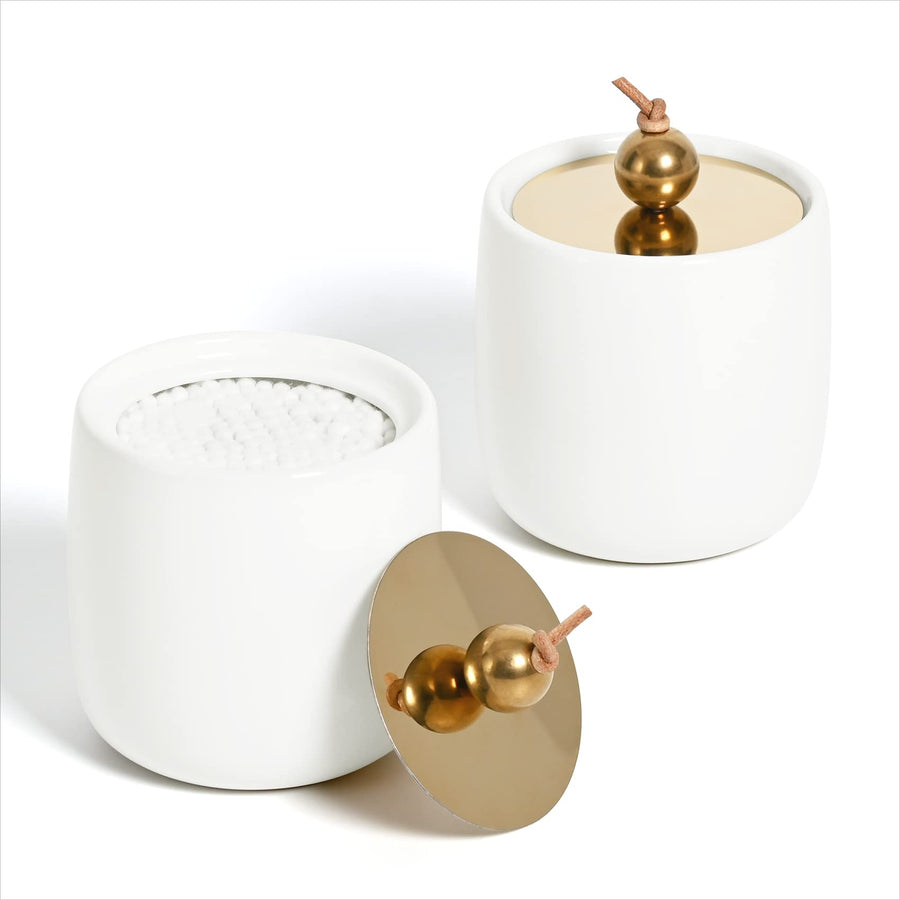 2 Pack Ceramic Qtip Holder Dispenser with Gold Lids , White Apothecary Jars Bathroom Vanity Organizer - Bathroom Canister for Cotton Swabs, Rounds, Balls, Makeup Sponges, Bath Salts