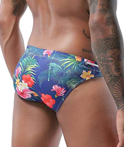 Mens Bikini Swimsuit Sexy Low Rise Flowers Print Quick Dry Swim Briefs Swimwear (Leaves, M)