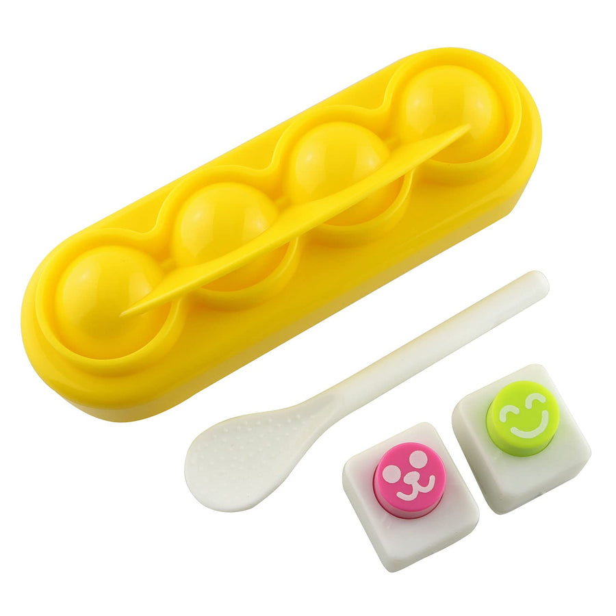 1Set with 4 Pcs Rice Ball Mould Shaker Ball Shape Sushi Maker Mould and 2 Smile Face Seaweed Punch Embossing Mould Kitchen Tools for Shake DIY Lunch with a Mini Rice Spoon