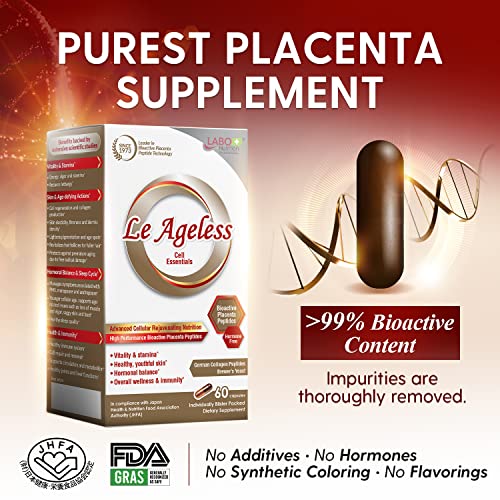 Le Ageless – Placenta Cell Rejuvenating Therapy from Japan – Enhanced with Collagen Peptide and Brewer’s Yeast to Supports Immune Health, Skin Regeneration, Anti-Aging – 60 Capsules