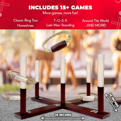 Games - Rustic Ring Toss Game (All Weather) - Easy Setup &amp; Extra Games Included - Ring Toss Game for Adults - Outdoor Games for Kids - Yard Games for Adults - Ring Hook Game - Game Room Games