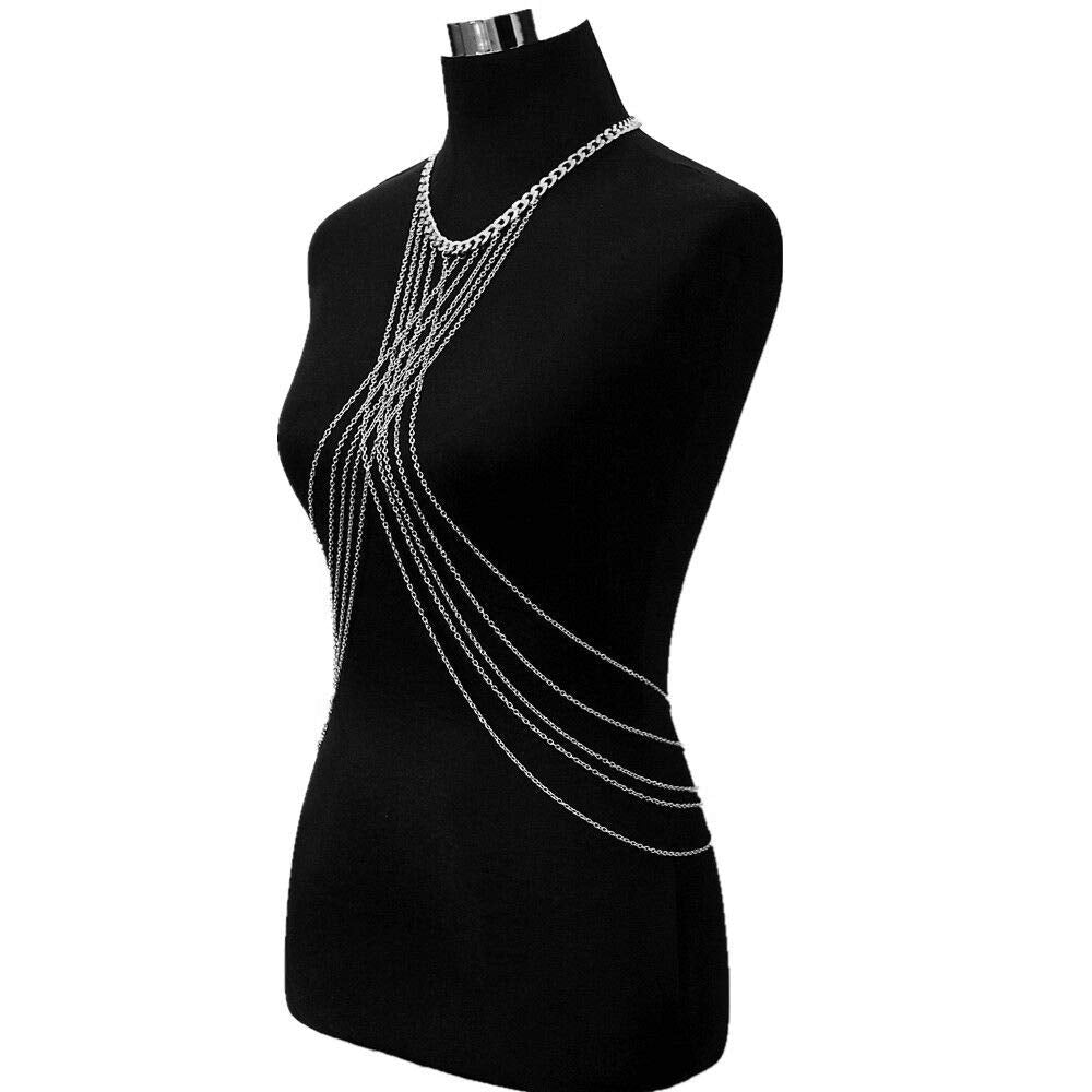 Harness Silver Body Chain Bra Crossover Sexy Body Jewelry Bikini Chains Necklace for Women and Girls (Silver)