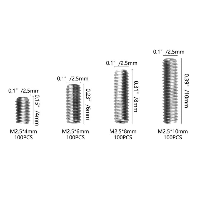 400pcs M2.5 x 4/6 / 8 / 10mm A2-70 Stainless Steel Cup Point Grub Screw Set Allen Head Hex Socket Screw Assortment Kit (DIN916 &amp; GB80)