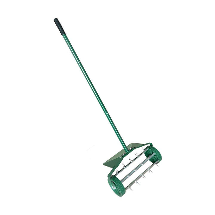 Heavy Duty 18 Inch Aerator Roller Rolling Lawn Garden Spike with Fender Lawn Aerator Home Grass Steel Handle Green Quick and Easy to Assemble