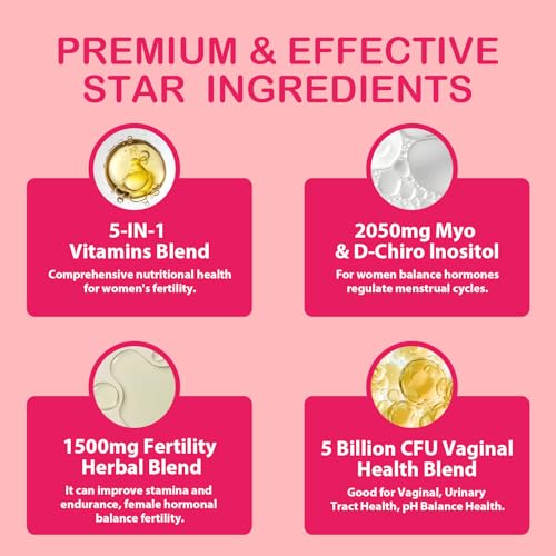 Fertility Supplements for Women, Prenatal Vitamins with Myo-Inositol &amp; D-Chiro Inositol, Folate, Herbs, for Hormonal Balance, Fertility &amp; Vaginal Care, 60 Prenatal Gummies (Raspberry)