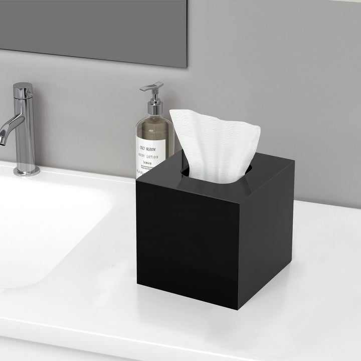 Facial Tissue Dispenser Box Cover Square Black Acrylic Mask Case Holder with Magnetic Bottom, Dryer Sheet Holder for Car, Bathroom, Laundry, Office, Counter and Table, 5.51 x 5.51 x 5.91 Inches
