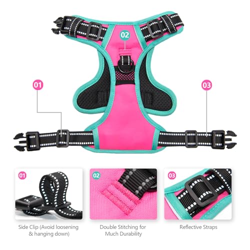 2019 Upgraded No Pull Dog Harness, Reflective Adjustable Vest, with a Training Handle + 2 Metal Leash Hooks+ 3 Snap Buckles +4 Slide Buckles(L, Pink)